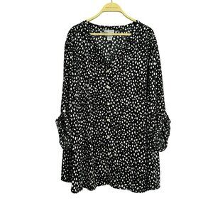 Catherines Blouse Women Top Button 3X 26W 28W Black White Dot Pattern Comfy Roll